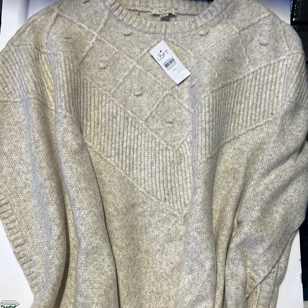 LOFT Cream Crewneck Sweater Chunky Knit Relaxed Fit